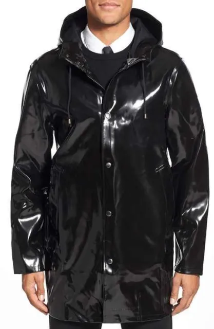 Men's Premium stylish PVC Vinyl Hooded Long Coat Trench Raincoat