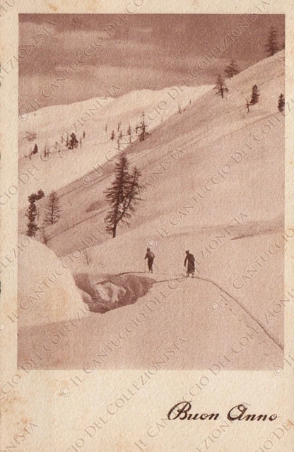 1942 Buon Anno Panorama di montagna innevata Cartolina augurale