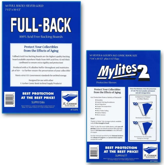 MYLITES2 SILVER/GOLDEN COMBO: 2-MIL COMIC BAGS + FULL BACK BOARDS 50 Count NEW