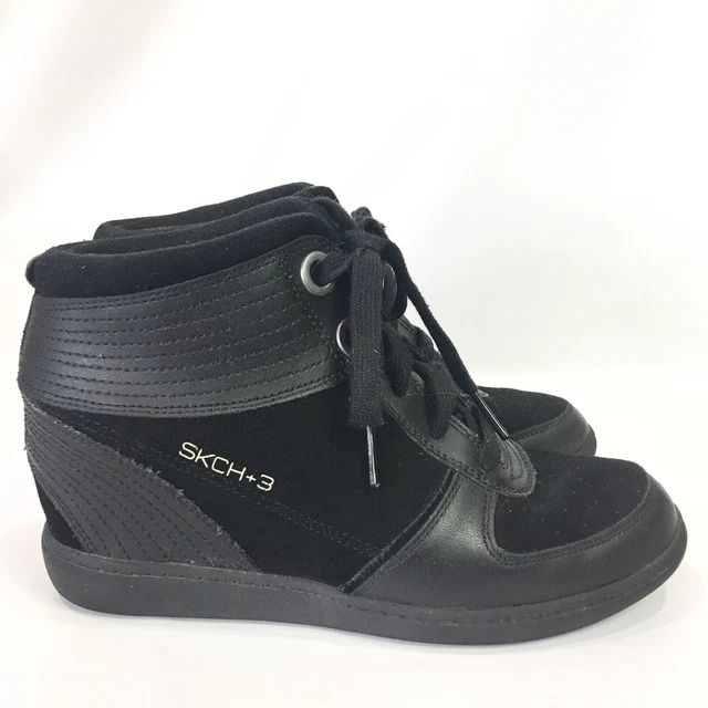 Skechers Womens 7.5 Hidden Wedge Sneaker SKCH+3 Black Lace Up Shoes Skechers Womens 7.5 Hidden Wedge Sneaker SKCH+3 Black Lace Up Shoes
