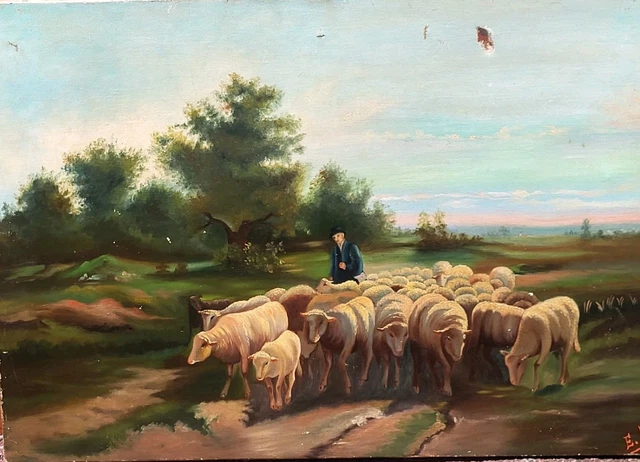 Tableau Décoratif Berger Avec Agneau - 56x46 Cm, Cadre Inclus, Reproduction Vintage Italie