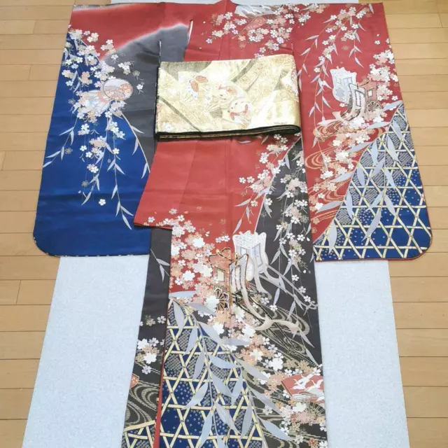 Kimono & Obi 2-set  Tall size blue red long sleeves Japanese furisode #24
