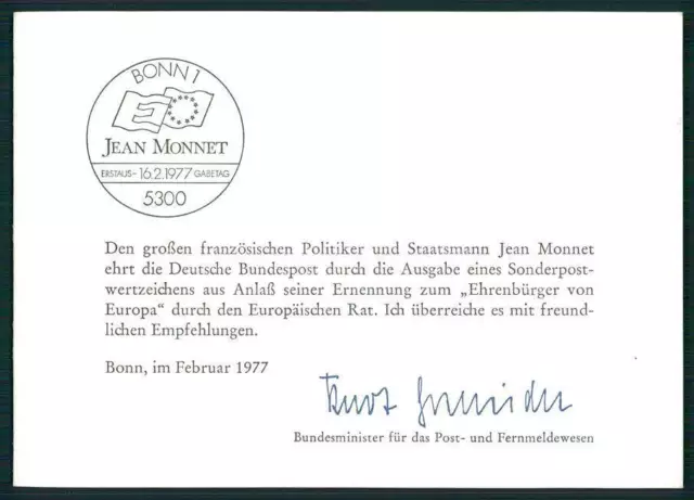 GERMANY MINSTER CARD 1977 JEAN MONET EUROPA CEPT CARTE MINISTRE RARE!! //m3590