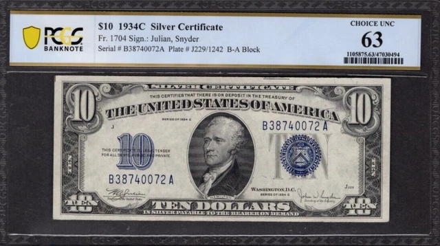 1934 C $10 Ten Dollar Silver Certificate Blue Seal PCGS 63 Choice UNC S1188