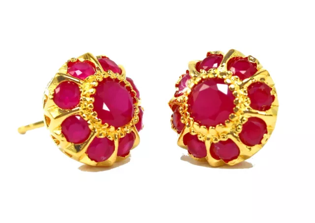 LOOK! Lovely CZ Ruby Stud Earrings 22K Yellow Gold GP Thai Hand-Made GT26