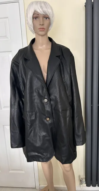 NWT Womens Nasty Gal UK 22 Black Faux Leather Single Breasted Jacket Blazer