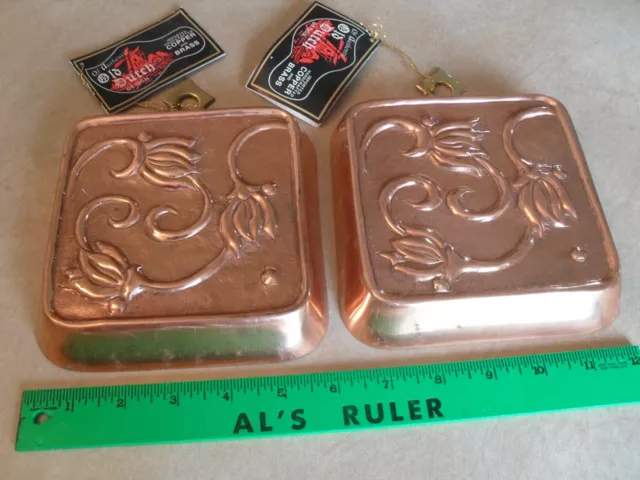 Pair Vintage Old Dutch Design Copper & Brass Embossed Flower Molds With Tags