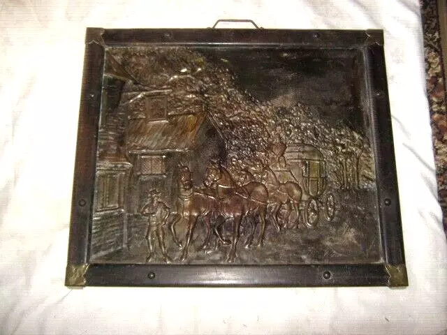 A Large Vintage Framed Hand Beaten Copper Coaching Scene Wall Hanging Screen