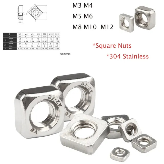 Square Nuts M3 M4 M5 M6 M8 M10 M12 Metric Machine Screw Nuts 304 Stainless Steel