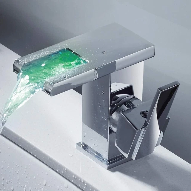 RUBINETTO A CASCATA Con Led Rgb Miscelatore Per Lavabo Bagno Argento rubinetto-a-cascata-con-led-rgb-miscelatore-per-lavabo-bagno-argento