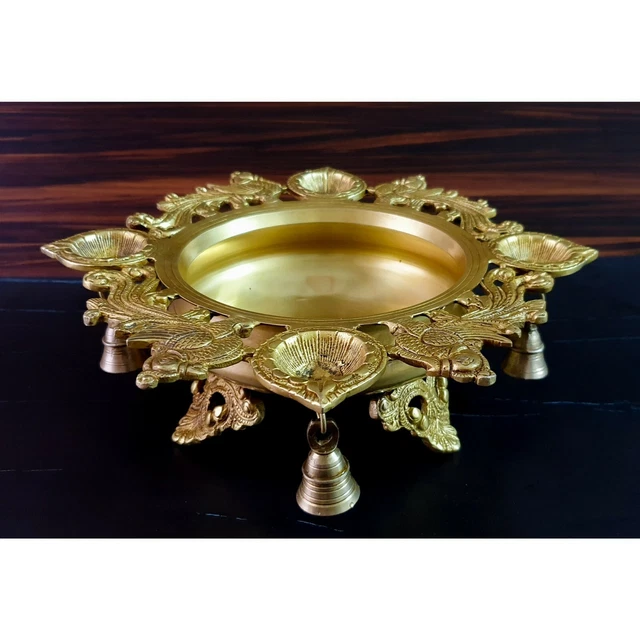 Peacock Design Brass Urli, Urli With Diyas, Brass Urli Decorative Bowl