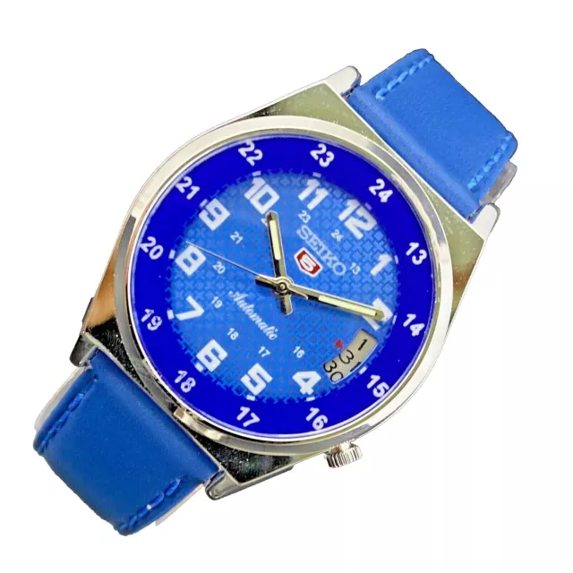 Orologio Seiko 5 automatico Fondo Blu Cassa acciaio Cinturino in Pelle Blu data