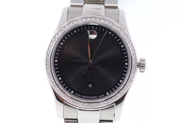 Donna Movado 0606498 Sportivo Acciaio Inox Diamante Lunetta Quadrante Nero Watch