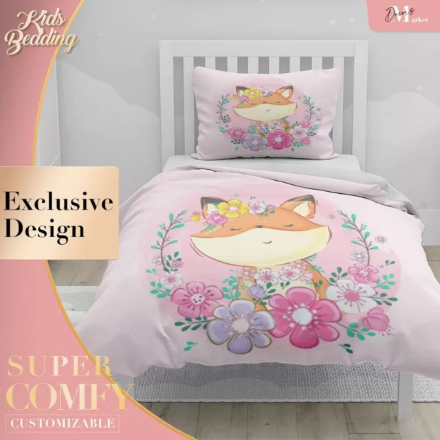 Flower Baby Fox  Art Watercolor Pink Duvet Cover Set 2X Matching Pillowcases