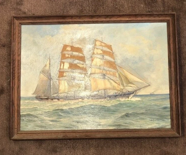 Antiuqe Bouisset Oil Panel Three Masts Ship Sea Art Deco Signed Rare Old 20th