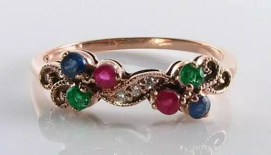 Lush 9Ct 9K Rose Gold Sapphire Ruby Emerald & Diamond Eternity Art Deco Ins Ring