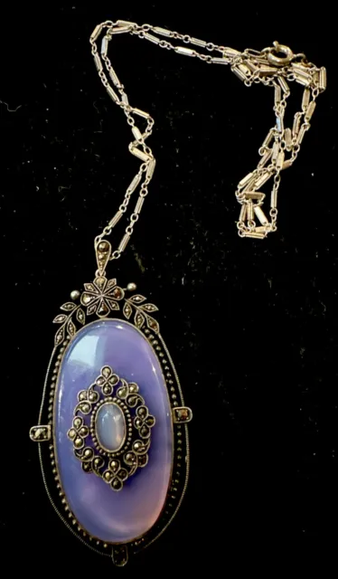 Victorian Sterling Silver purple Glass Filigree Charm Pendant Necklace rare!!!!