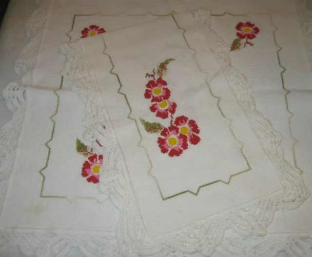 Table Runner Dresser Scarf Vintage Embroidered Cottage Shabby Chic White 2 PC