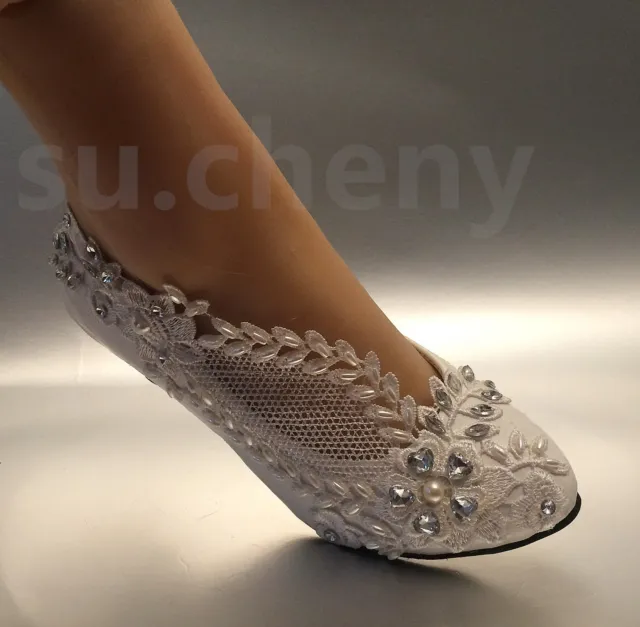 su.cheny 2” Lace white light ivory rhinestone Wedding Bridal pumps heels shoes