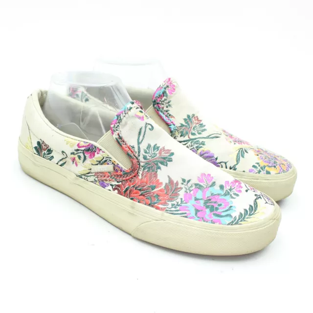 RARE VANS Festival Gold Tan Satin Brocade Floral Slip-On Sneakers W 9 / M 7.5