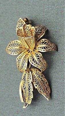 Filigree Flower BROOCH Art Nouveau Sterling Silver 14ct Gold Plated Vintage