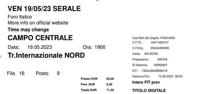 COPPIA biglietti internazionali tennis Roma ven 19/5/23 SERALE POSTI VICINI