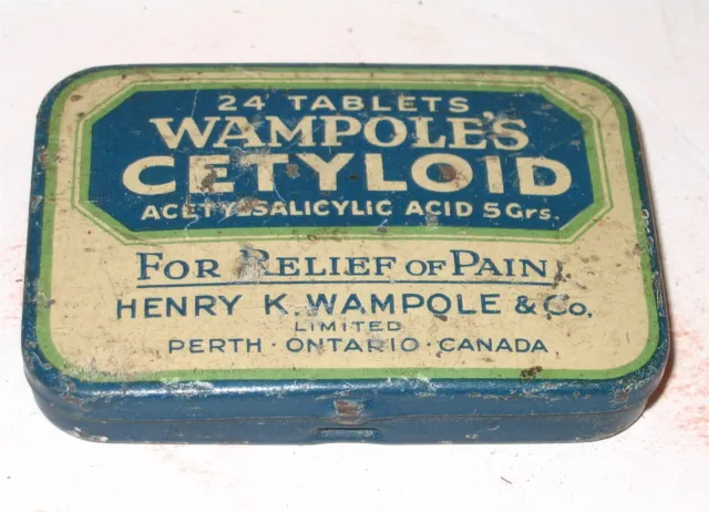 Wampoles Cetyloid Aspirin Like pain medicine tin Perth Ontario Canada 24 tab sz