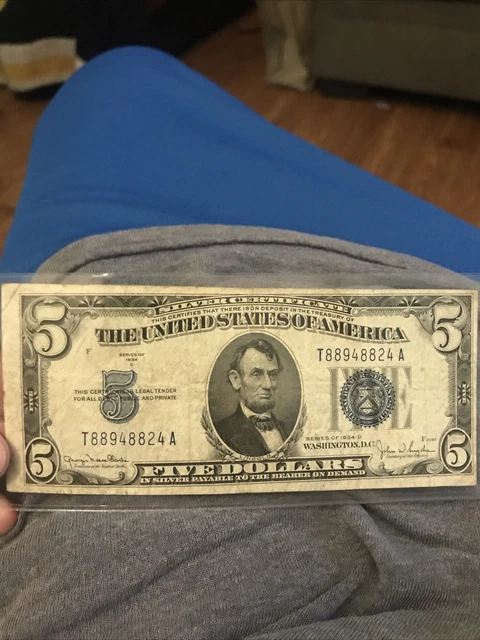 1934 Five Dollar  Silver Certificate $5 Bill Blue Seal Note, 1 Note Misprint