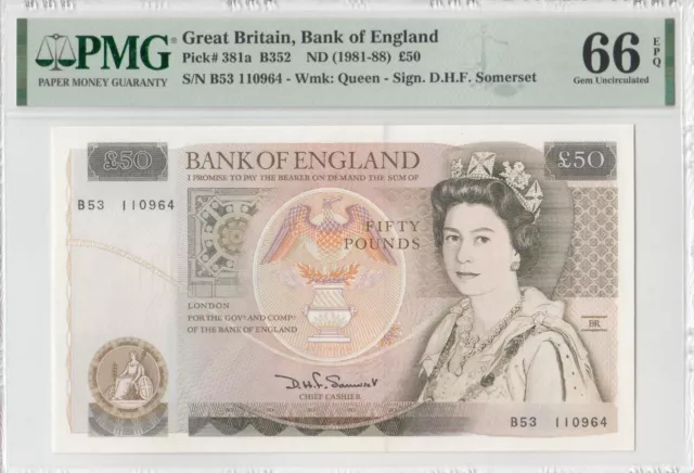 Great Britain 50 Pounds QEII (1981-88) Pick-381a PMG 66 GEM UNC EPQ.