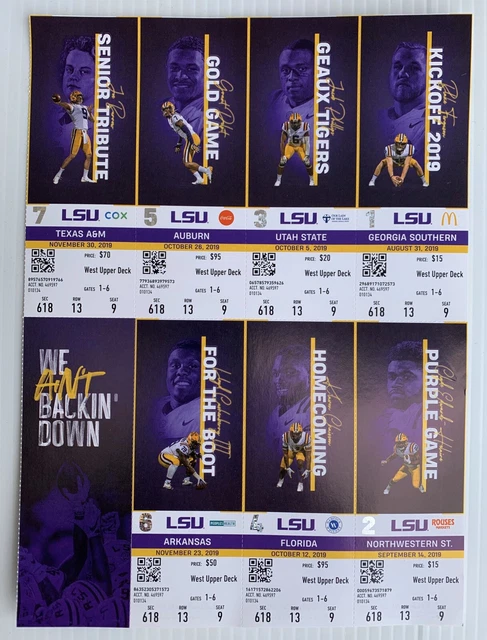 LSU Tigers Football 2019 Full Season 7 Ticket Sheet Stub National Champs Burrow