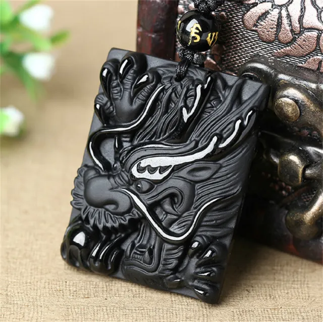 Natural Black Obsidian Carved Chinese Dragon Head Lucky Pendant Necklace Gift
