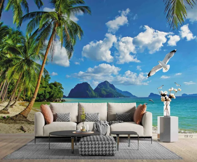 3D Tropical Palm Tree Sea Beach Self-adhesive Removable Wallpaper Murals Wall