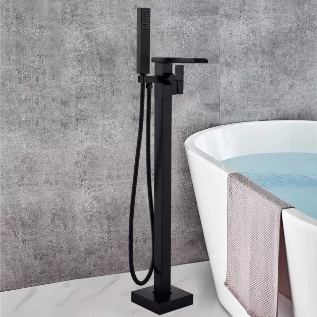 Black Freestanding Bath Taps Waterfall Bathroom Tub Filler Mixer Tap Floor Mount