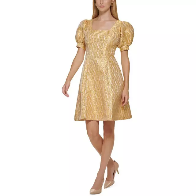 Calvin Klein Womens Metallic Mini Puff Sleeves Fit & Flare Dress BHFO 6835