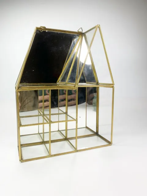 Vintage Brass Etched Glass Mirrored Cabinet Curio Display Case 10” Trinket MCM