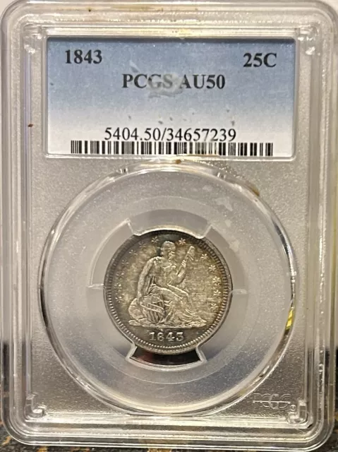 1843 PCGS AU50 Seated Liberty Quarter Beautiful Coin Nice Toning Silver 25C