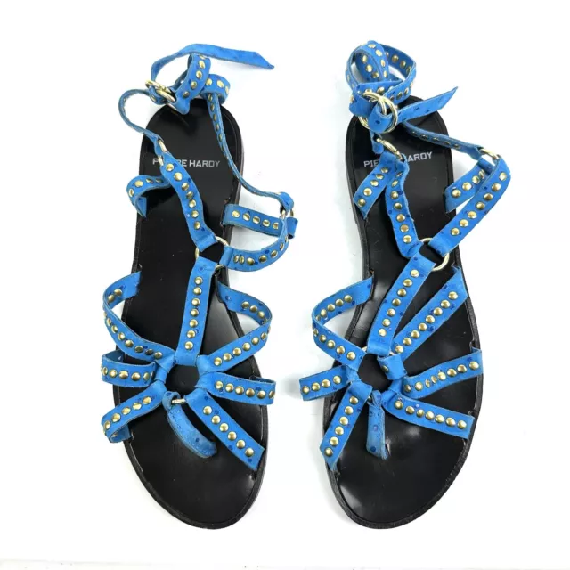 Pierre Hardy Sandals 37 Blue Gold Studded Suede Ankle Strap Strappy Womens 3