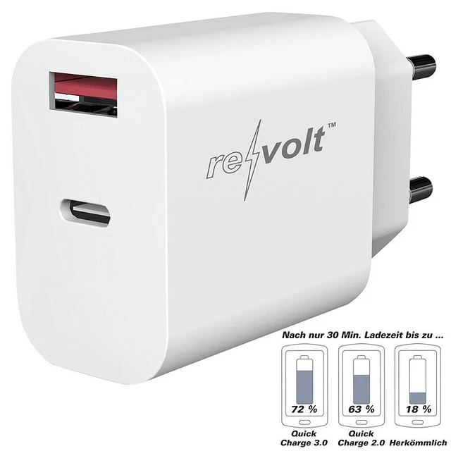 revolt USB-Netzteil für Typ A & C, PD bis 20 Watt, Quick Charge 3.0, 3 A