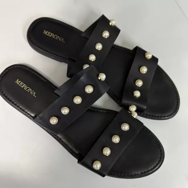 Womens Merona Margo Black Pearl Embellished Slide Sandals Size 11 3