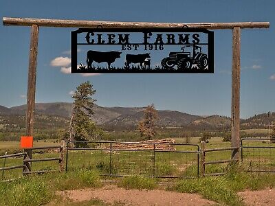 Large Entrance/Gate Ranch Sign with a Cow Family and Tractor, EST Year, S1405