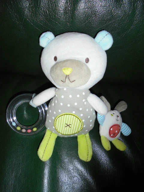 Doudou Peluche Pommette Ours Gris A Pois Blanc Vert Anneau Bille et Lapin Pouet