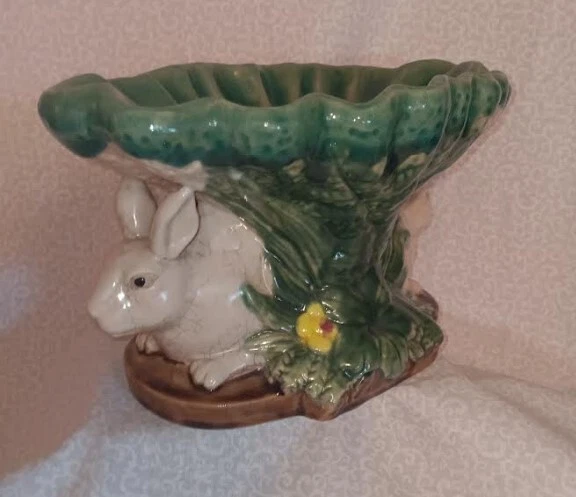 Vintage Italian Majolica Double Rabbit Compote Centerpiece Bowl Vibrant Colors