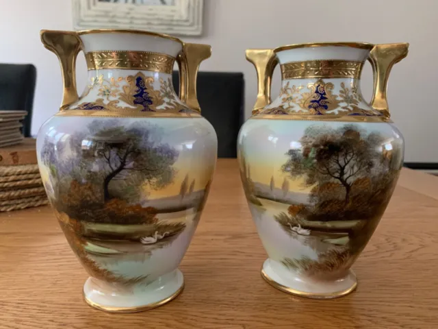 Pair of Antique Noritake Vases. Circa 1912-1919 Country scene with gilding