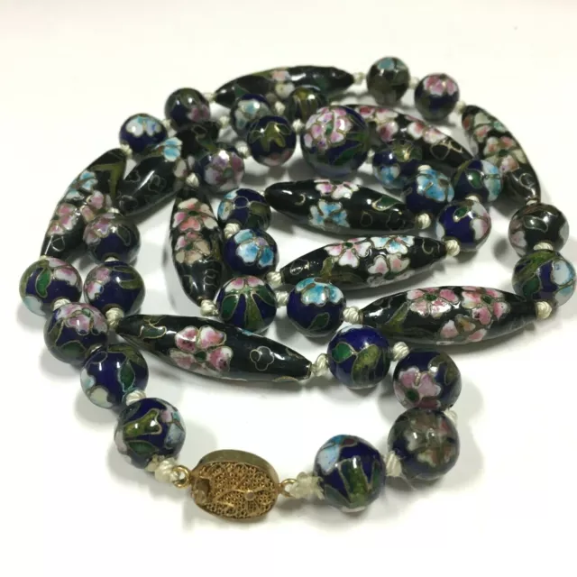 Vtg CHINESE Export CLOISONNE Bead Necklace Black Elongated UNIQUE 27.50" R214u