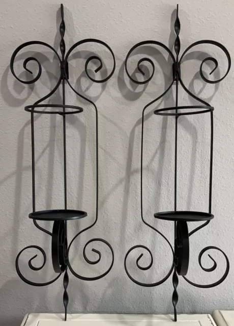 Gothic Spanish Revival Wrought Iron Wall Candle Holder 25” Rustic Scroll Pair