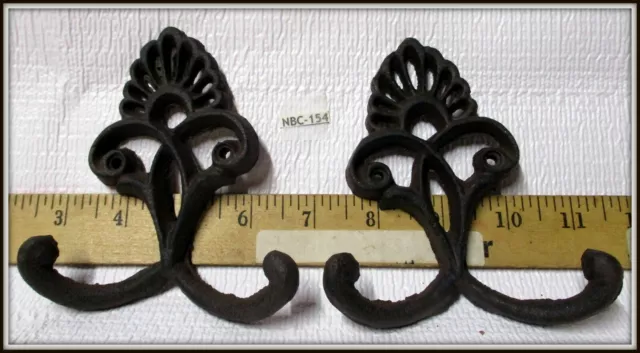 2 ORNATE HEAVY Antique Looking Black or Very Dark Brown Cast Iron Coat Hooks