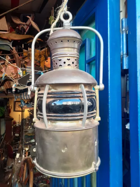 Lanterna Di Nave Ottone E Vetro Fresnel Recupero Navale Lampada Vintage