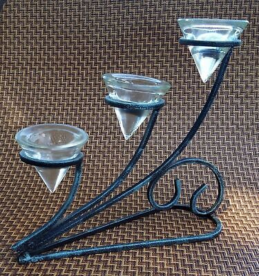 Cast Iron Candelabra Black Metal Patina Glass Cones Candle Holder Home Decor EUC