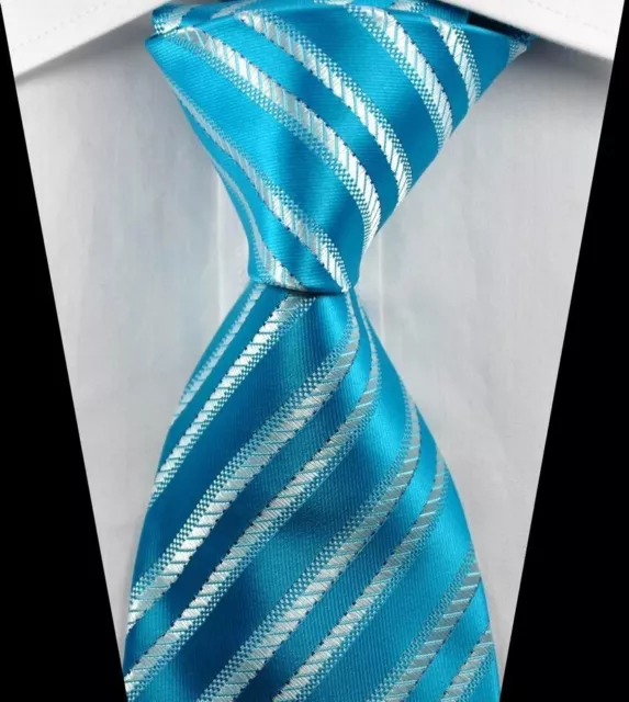 New Luxury Stripes Light Blue White Jacquard Woven 100% Silk Men's Tie Necktie