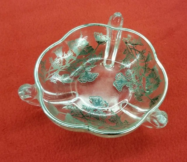 Antique Sterling Leaf Bowl 6" Silver on Glass Ribbon Edge Flower Design Vintage